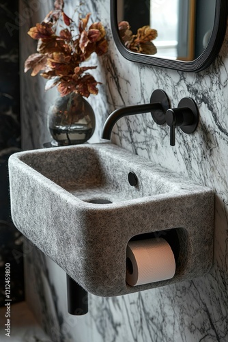 Elegant wall-mounted sink with marble backsplash and dried floral decor photo