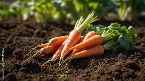 Freshly harvested carrots with green tops on rich soil in a farm setting. photo