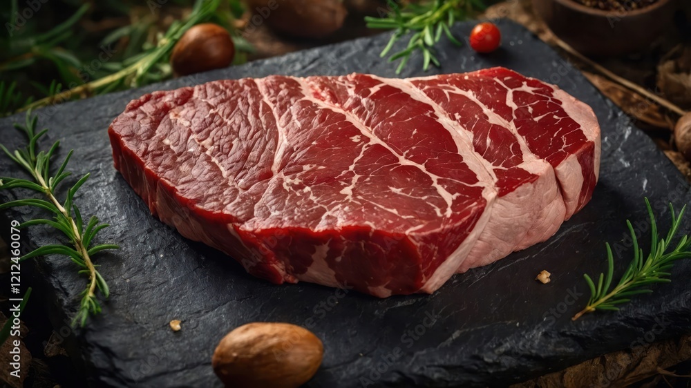 A raw steak on a slate surface, showcasing its marbling and freshness. A raw steak on a slate surface, showcasing its marbling and freshness.