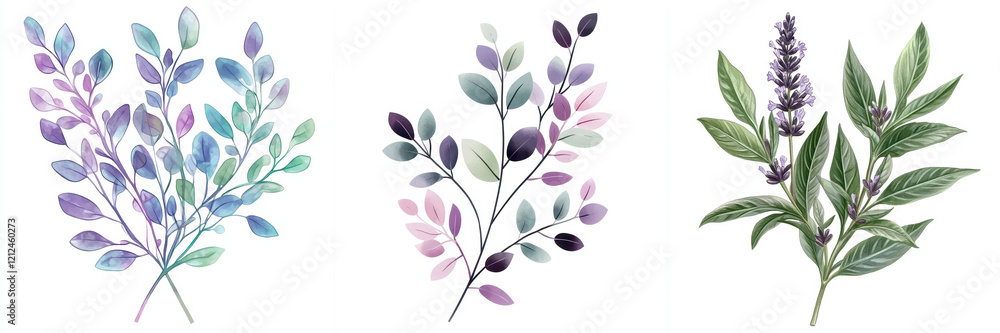 Lush lavender and leafy sprigs in soft pastel colors create serene vibe Lush lavender and leafy sprigs in soft pastel colors create serene vibe