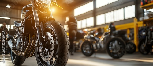 A stunning motorcycle in a workshop, showcasing its sleek design and powerful features, illuminated by warm sunlight. photo