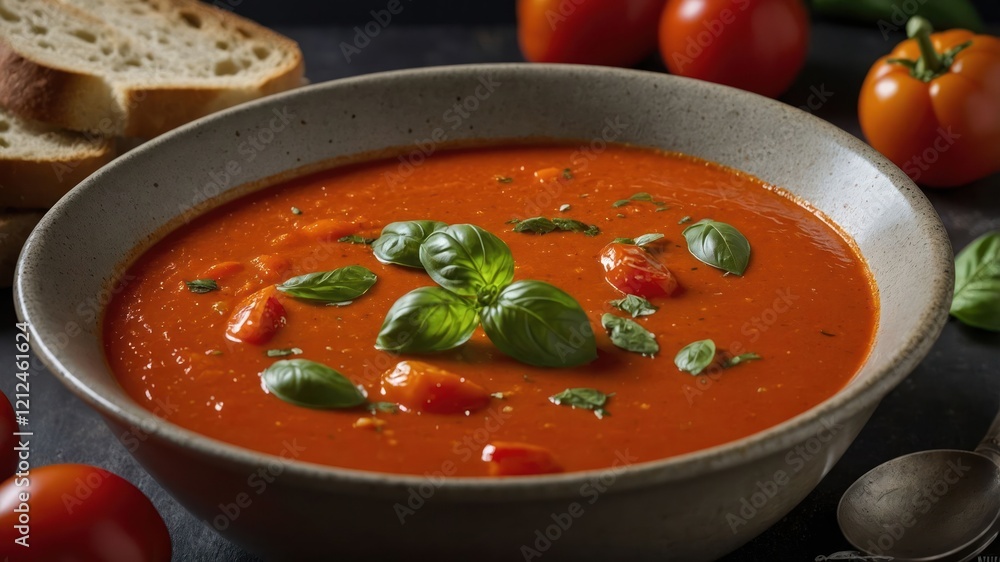 A bowl of tomato soup garnished with basil, accompanied by bread and fresh tomatoes. A bowl of tomato soup garnished with basil, accompanied by bread and fresh tomatoes.