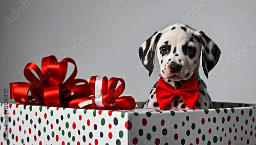 Cute puppy in a giftbox, dalmation puppy, big red bow, black and white. photo