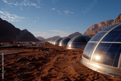 Modern dome-shaped living quarters are nestled in mountainous terrain, equipped with solar panels that promote sustainable living and environmental harmony. photo