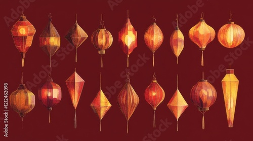 Traditional chinese lanterns artistic display against rich red background cultural aesthetic graphic design festive atmosphere