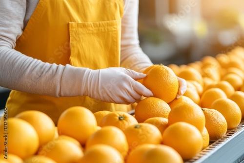 Obraz na płótnie Gloved hands of a factory worker sorting ripe oranges on a conveyor belt in a modern fruit processing facility, ensuring quality control and efficient production w salonie