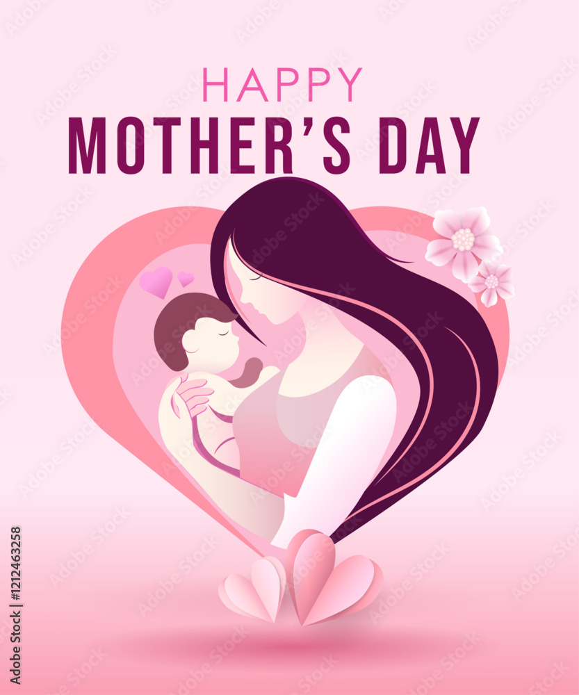 Happy mother's day banner. Mother holding a ciddling in her hands. 8 March card. Symbols of love in shape of heart for greeting card design. Heart. Abstract love symbol templates.Vector illustration Happy mother's day banner. Mother holding a ciddling in her hands. 8 March card. Symbols of love in shape of heart for greeting card design. Heart. Abstract love symbol templates.Vector illustration