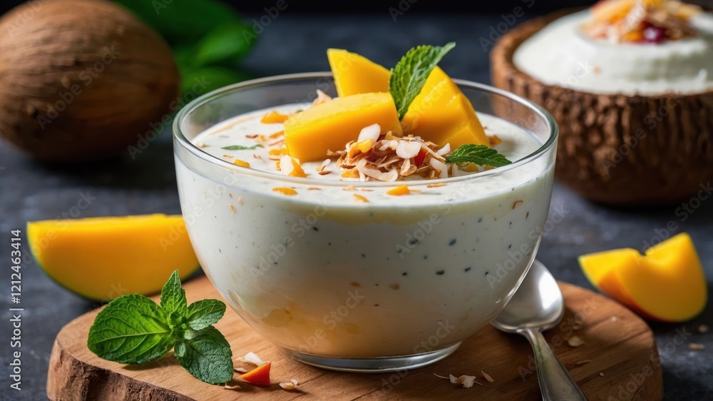 A delicious dessert featuring yogurt, mango, and nuts, garnished with mint leaves. A delicious dessert featuring yogurt, mango, and nuts, garnished with mint leaves.