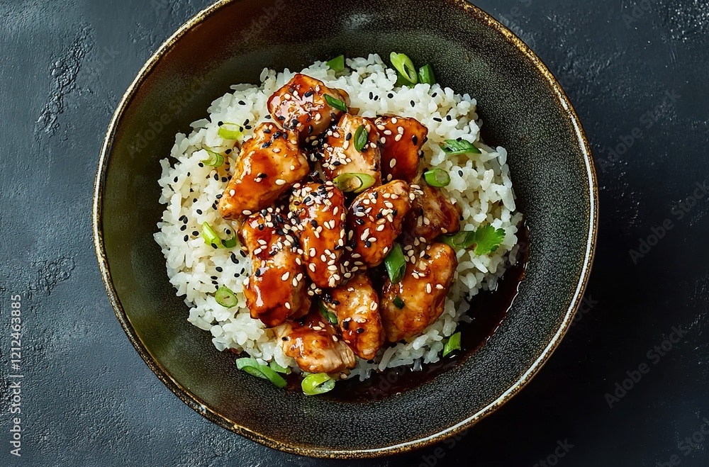 A bowl of rice with meatballs covered in a sweet and sour sauce, sprinkled with white sesame seeds on top. The food is centered against a dark background. A bowl of rice with meatballs covered in a sweet and sour sauce, sprinkled with white sesame seeds on top. The food is centered against a dark background.