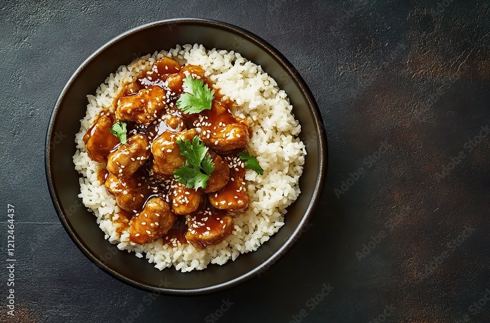 A bowl of rice with meatballs covered in a sweet and sour sauce, sprinkled with white sesame seeds on top. The food is centered against a dark background. A bowl of rice with meatballs covered in a sweet and sour sauce, sprinkled with white sesame seeds on top. The food is centered against a dark background.