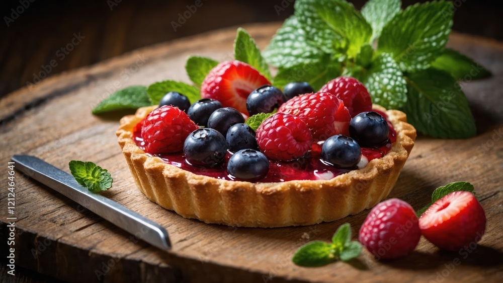 A delicious berry tart garnished with mint leaves on a wooden surface. A delicious berry tart garnished with mint leaves on a wooden surface.