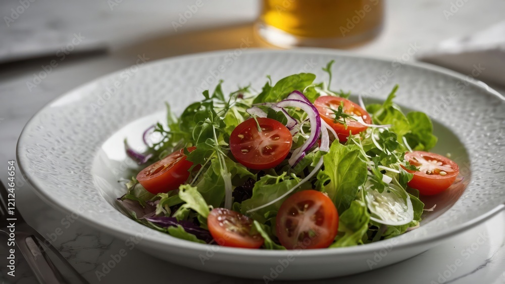 A fresh salad with tomatoes and greens served in a white bowl. A fresh salad with tomatoes and greens served in a white bowl.