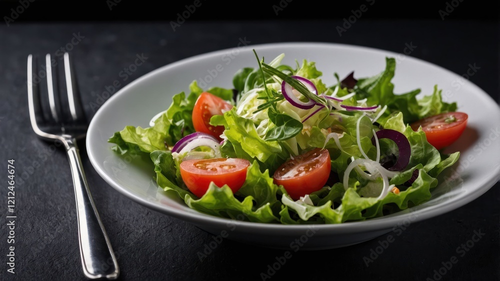 A fresh salad featuring lettuce, tomatoes, onions, and herbs, served in a bowl. A fresh salad featuring lettuce, tomatoes, onions, and herbs, served in a bowl.