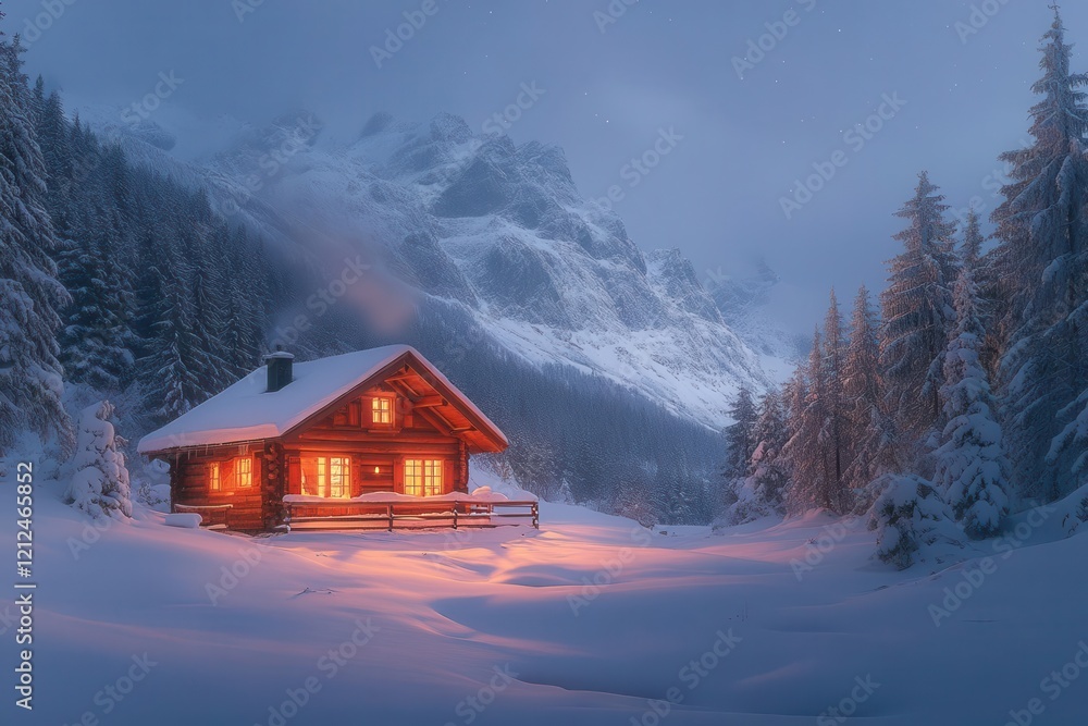 a cozy alpine cabin nestled in snowy mountains at twilight, warm golden light glowing from windows, snow-laden pine trees surrounding, smoke curling from chimney into starlit sky a cozy alpine cabin nestled in snowy mountains at twilight, warm golden light glowing from windows, snow-laden pine trees surrounding, smoke curling from chimney into starlit sky