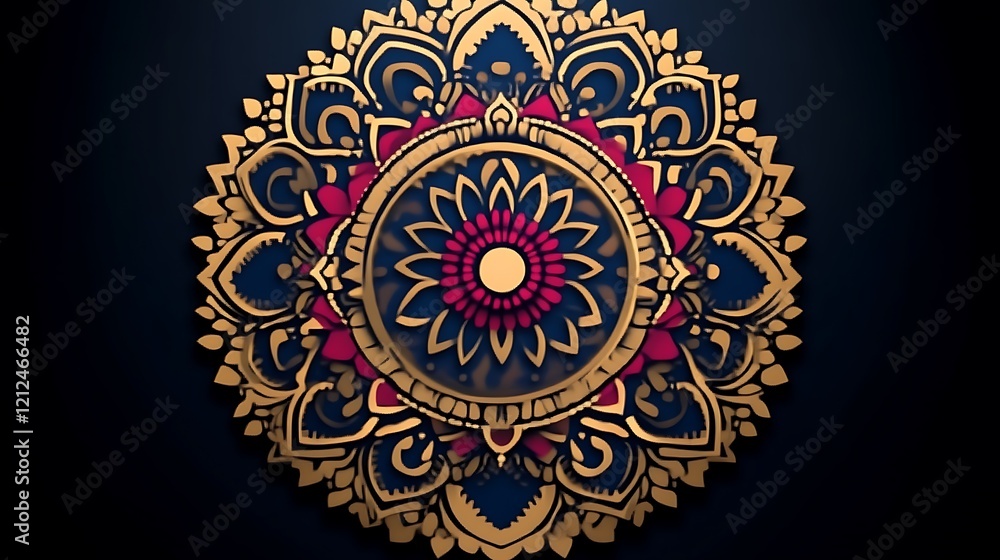 Intricate Golden Mandala Design Featuring Deep Blue and Crimson Accents Intricate Golden Mandala Design Featuring Deep Blue and Crimson Accents