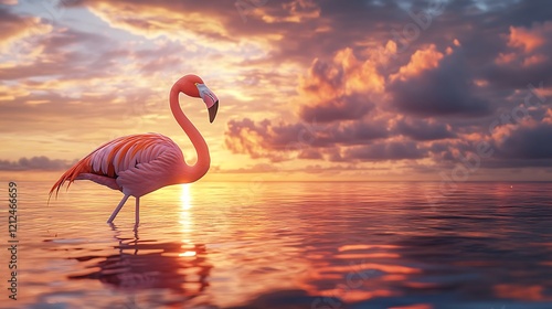 Elegant flamingo reflected on glowing water surface. photo