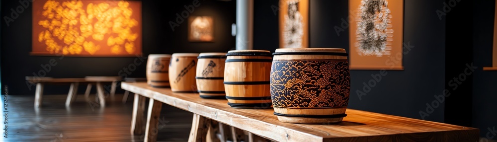 Artistic display of intricately designed wooden barrels in a contemporary gallery setting, highlighting craftsmanship and creativity. Artistic display of intricately designed wooden barrels in a contemporary gallery setting, highlighting craftsmanship and creativity.