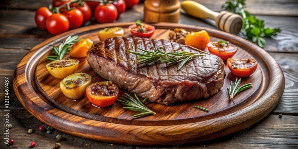 Tender steak on a wooden plate with a side of saut?ed vegetables , food, healthy, food, healthy, dinner, kitchen, meal Tender steak on a wooden plate with a side of saut?ed vegetables , food, healthy, food, healthy, dinner, kitchen, meal
