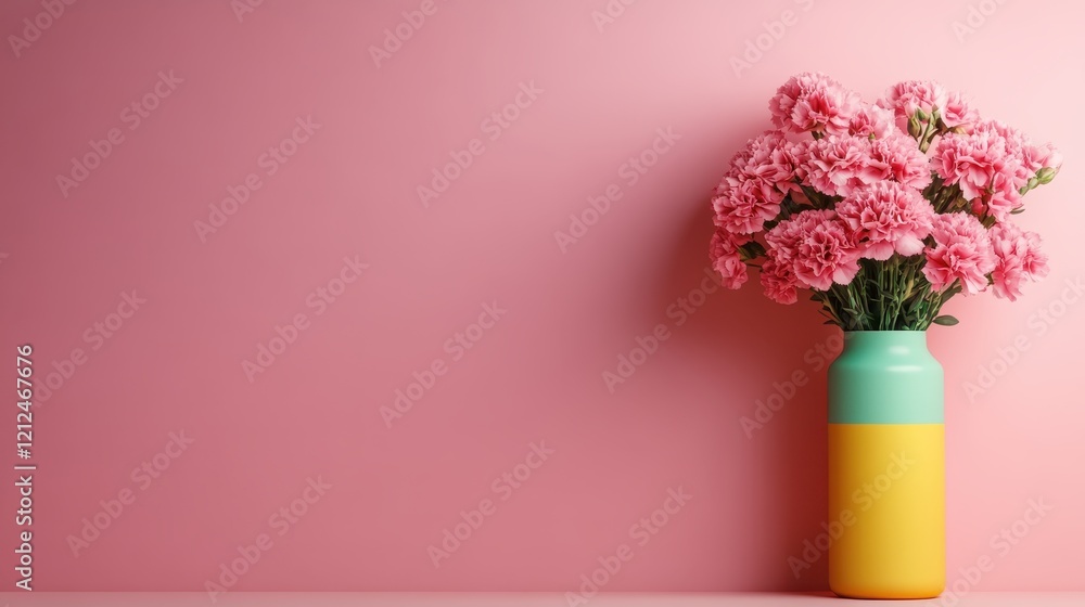 Fototapeta premium A vibrant pink flower bouquet beautifully arranged in a colorful vase set against a soft pink background, radiating freshness and joy in a contemporary style.