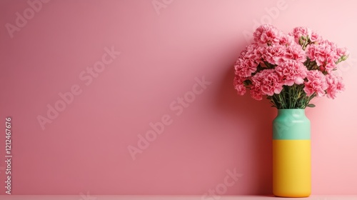 Wallpaper Mural A vibrant pink flower bouquet beautifully arranged in a colorful vase set against a soft pink background, radiating freshness and joy in a contemporary style. Torontodigital.ca