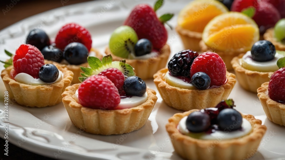 A platter of colorful fruit tarts topped with various berries and cream. A platter of colorful fruit tarts topped with various berries and cream.