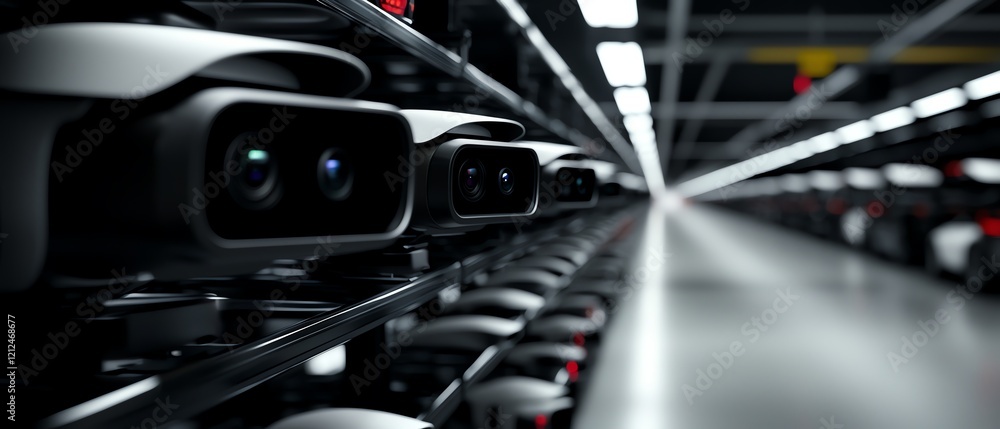Close-up of advanced surveillance cameras arranged in a modern facility, showcasing cutting-edge technology in security systems. Close-up of advanced surveillance cameras arranged in a modern facility, showcasing cutting-edge technology in security systems.