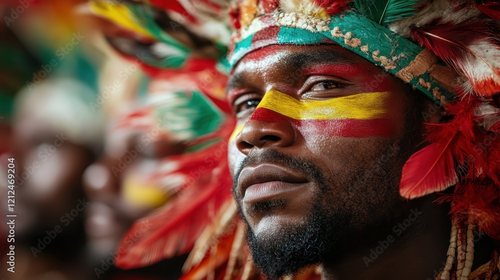 A striking portrait of an indigenous man adorned with vibrant traditional face paint and feathers, showcasing cultural pride and heritage at a lively event. A striking portrait of an indigenous man adorned with vibrant traditional face paint and feathers, showcasing cultural pride and heritage at a lively event.