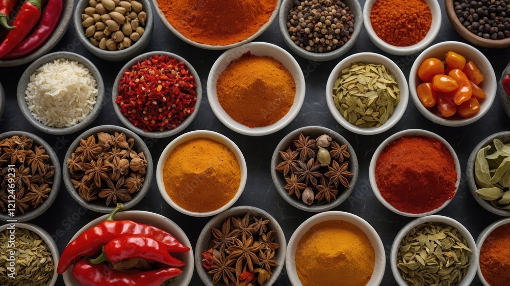A vibrant assortment of spices displayed in bowls, showcasing culinary diversity and flavor. A vibrant assortment of spices displayed in bowls, showcasing culinary diversity and flavor.