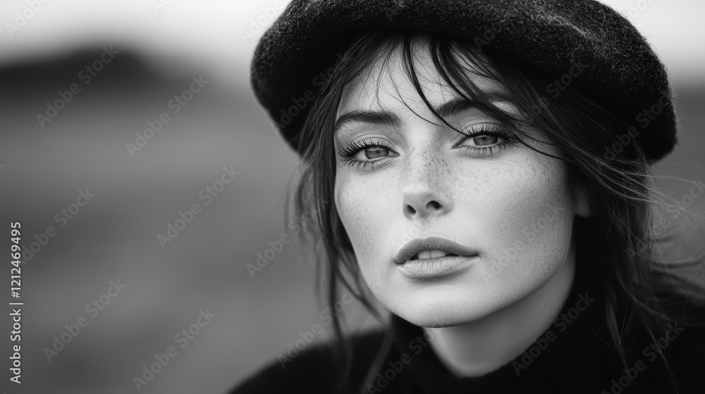 A Monochrome Portrait of a Woman Wearing a Beret, Capturing Her Expressive Eyes and Serene Facial Expression with a Soft Focus Background A Monochrome Portrait of a Woman Wearing a Beret, Capturing Her Expressive Eyes and Serene Facial Expression with a Soft Focus Background