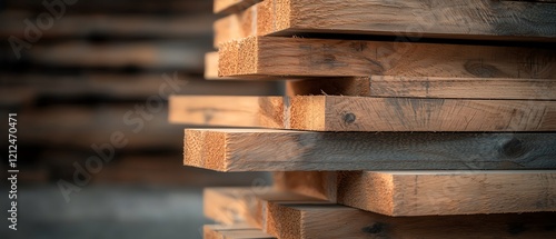 Close-up view of stacked wooden planks in a workshop. Ideal for construction, carpentry, and craftsmanship themes. photo