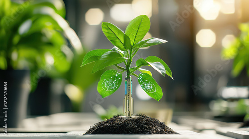 tech infused botanical scene featuring mini tree with digital elements, symbolizing innovation in plant care and growth. vibrant green leaves contrast beautifully with soil photo