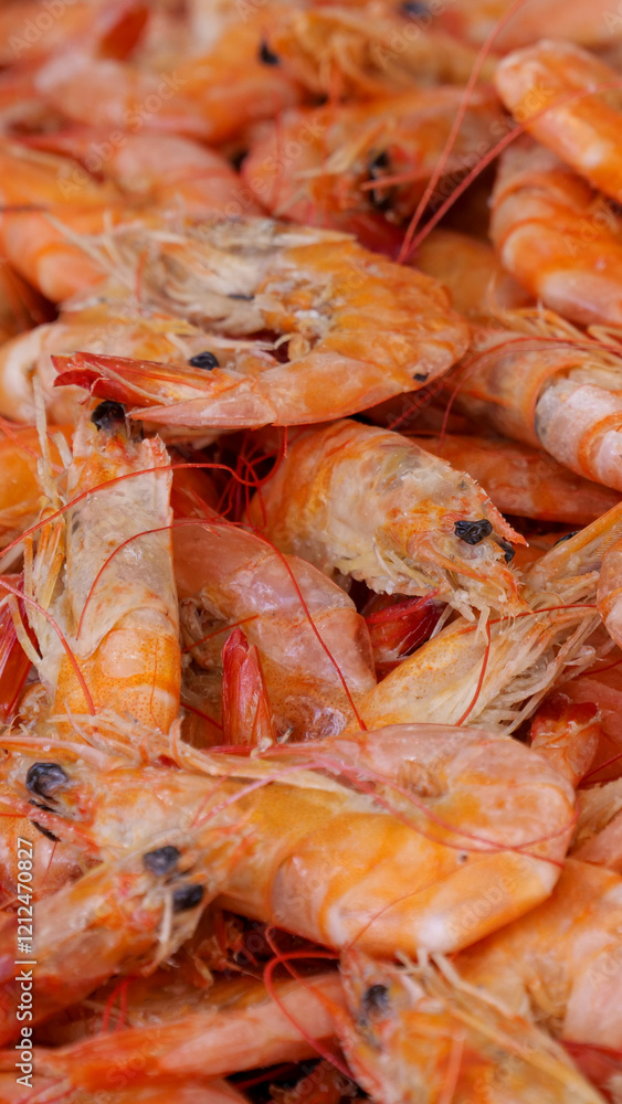 Vertical image of Close up of fried prawns or shrimp for sale at a stall at Mercado Ver o Peso, Belem, State of Para, Amazon region, Brazil, South America Vertical image of Close up of fried prawns or shrimp for sale at a stall at Mercado Ver o Peso, Belem, State of Para, Amazon region, Brazil, South America