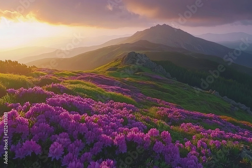 Vivid Pink Rhododendrons in Bloom Against a Sunset Over Mountain Peaks – Nature’s Beauty in Spring Alpine Landscape photo