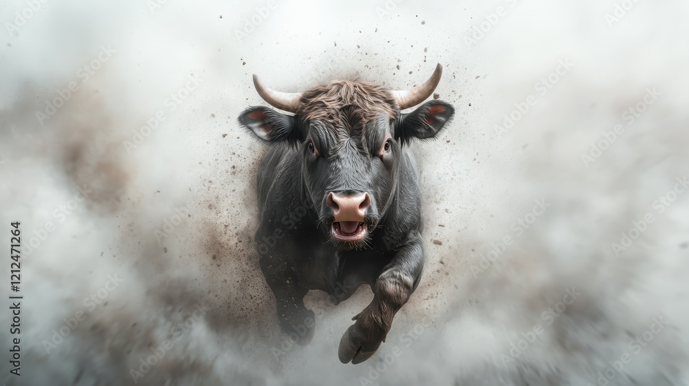 This dynamic image captures a powerful bull charging forward through a cloud of dust, emphasizing its strength and vitality in a moment of intense movement. This dynamic image captures a powerful bull charging forward through a cloud of dust, emphasizing its strength and vitality in a moment of intense movement.