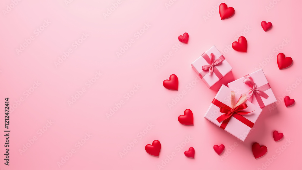 Valentine’s Day Gift Boxes and Hearts on Pink Background, Romantic Celebration Valentine’s Day Gift Boxes and Hearts on Pink Background, Romantic Celebration