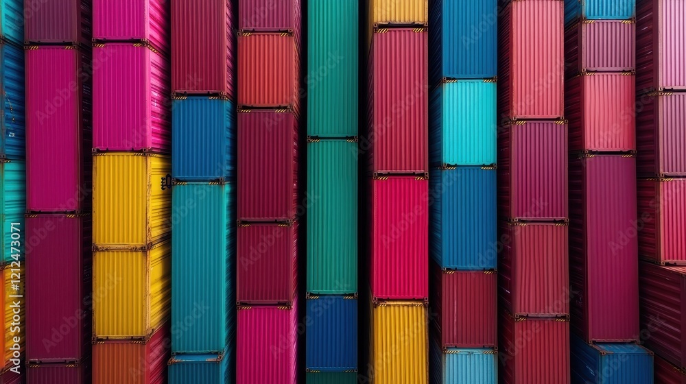 Obraz premium A vibrant array of shipping containers stacked closely together, showcasing an artistic pattern and a blend of colors that evoke a sense of industrial productivity.