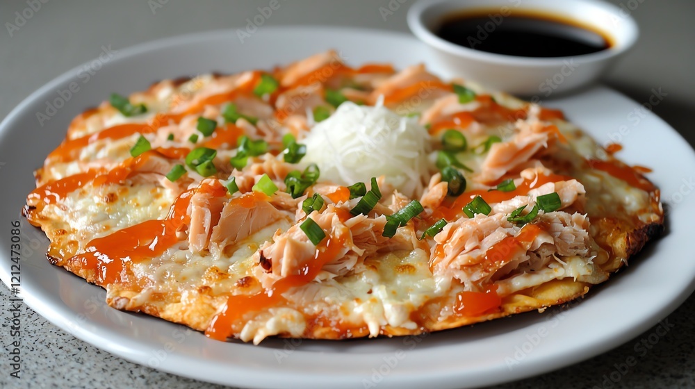 Delicious savory pancake topped with salmon, green onions, and drizzled with sauce, perfect for a gourmet meal. Delicious savory pancake topped with salmon, green onions, and drizzled with sauce, perfect for a gourmet meal.