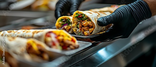 Delicious wraps filled with fresh ingredients, ready to be served. Perfect for a tasty meal on the go. photo