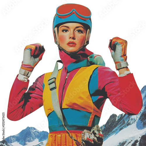 Vibrant Retro Alpine Adventure: Woman in Colorful Ski Gear with Goggles and Gloves, Set Against Snowy Mountain Peaks. photo