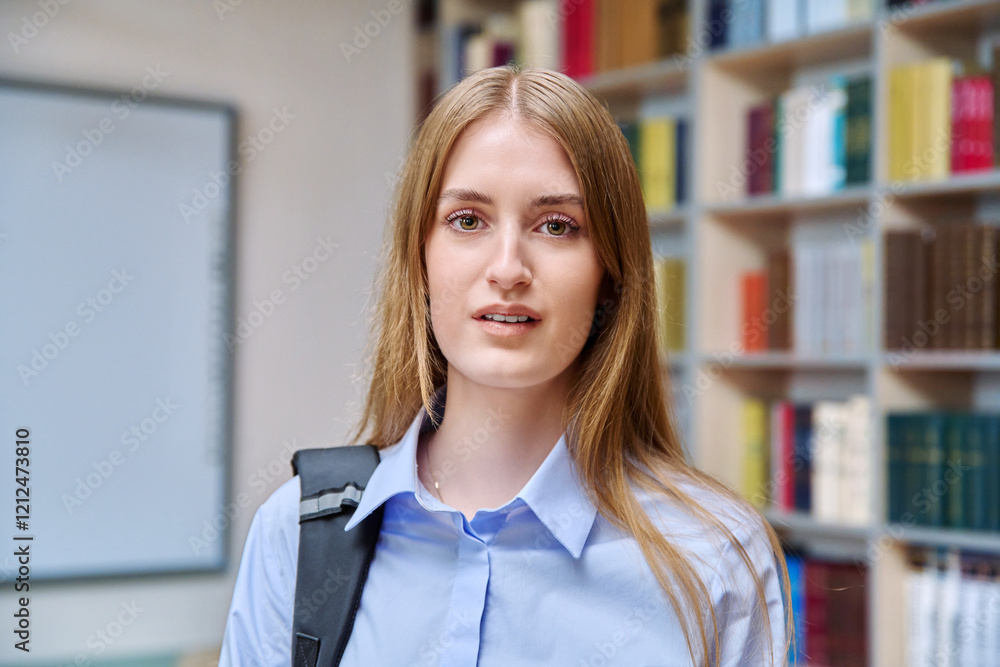 Headshot portrait of smiling teenage girl student, inside high school building Headshot portrait of smiling teenage girl student, inside high school building