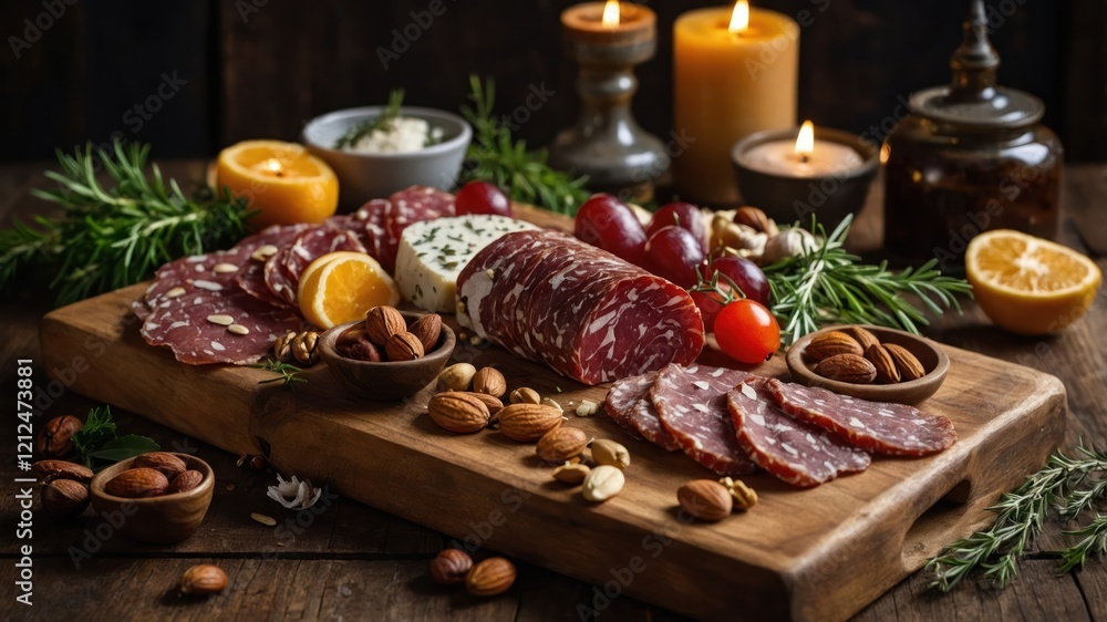 A rustic charcuterie board featuring meats, cheese, fruits, nuts, and candles for ambiance. A rustic charcuterie board featuring meats, cheese, fruits, nuts, and candles for ambiance.