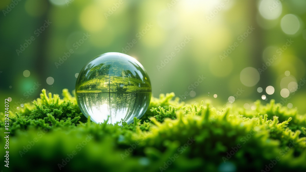 Crystal Globe on Moss in Dreamy Forest Setting, Nature's Harmony Crystal Globe on Moss in Dreamy Forest Setting, Nature's Harmony