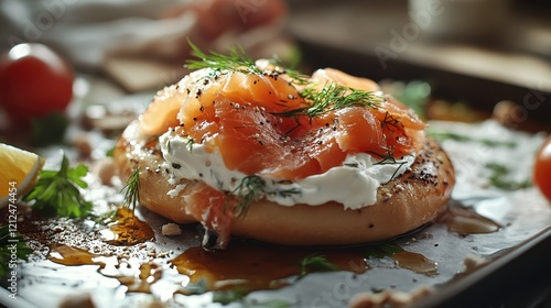 A beautifully arranged bagel topped with creamy cheese, fresh salmon, and herbs presents a delightful culinary experience that tantalizes the senses and excites the palate. photo