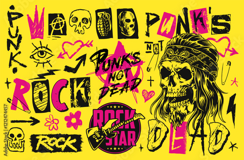 Punk rock graphics on bright backdrop