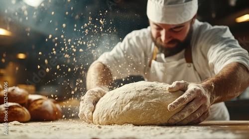 An experienced baker expertly shapes kneaded dough on a floured countertop, embodying the dedication and artistry involved in creating fresh bread. photo