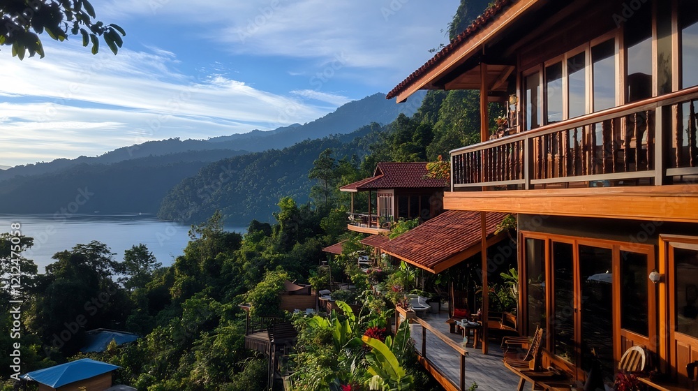 Obraz premium Serene Lakeside Villa Getaway: Breathtaking Mountain Views