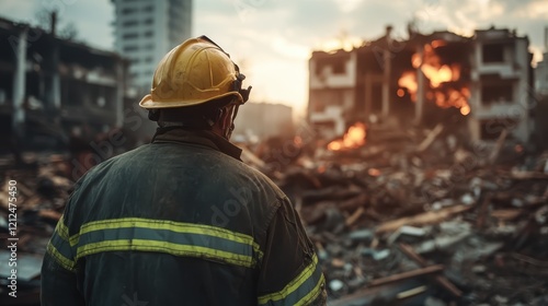 A firefighter stands strong, observing the chaotic scene of destruction caused by fire, representing the dedication of first responders in challenging environments. photo