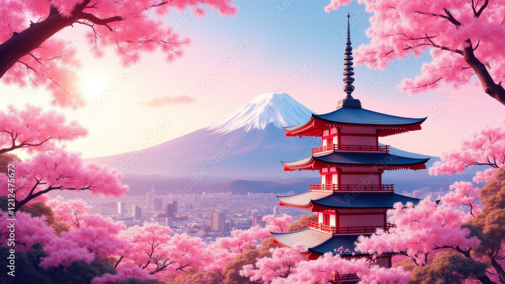 Obraz premium Traditional Japanese Landscape With Pagoda and Mount Fuji, Serene Spring Scene