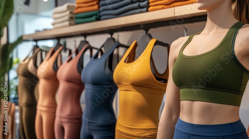 Stylish workout clothing displayed on mannequins, showcasing vibrant colors and modern designs for fitness enthusiasts. photo