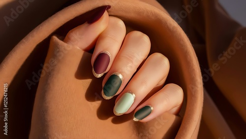 Elegant Matte Gradient Nails with Gold Accents in Cozy Fabric Wrap photo